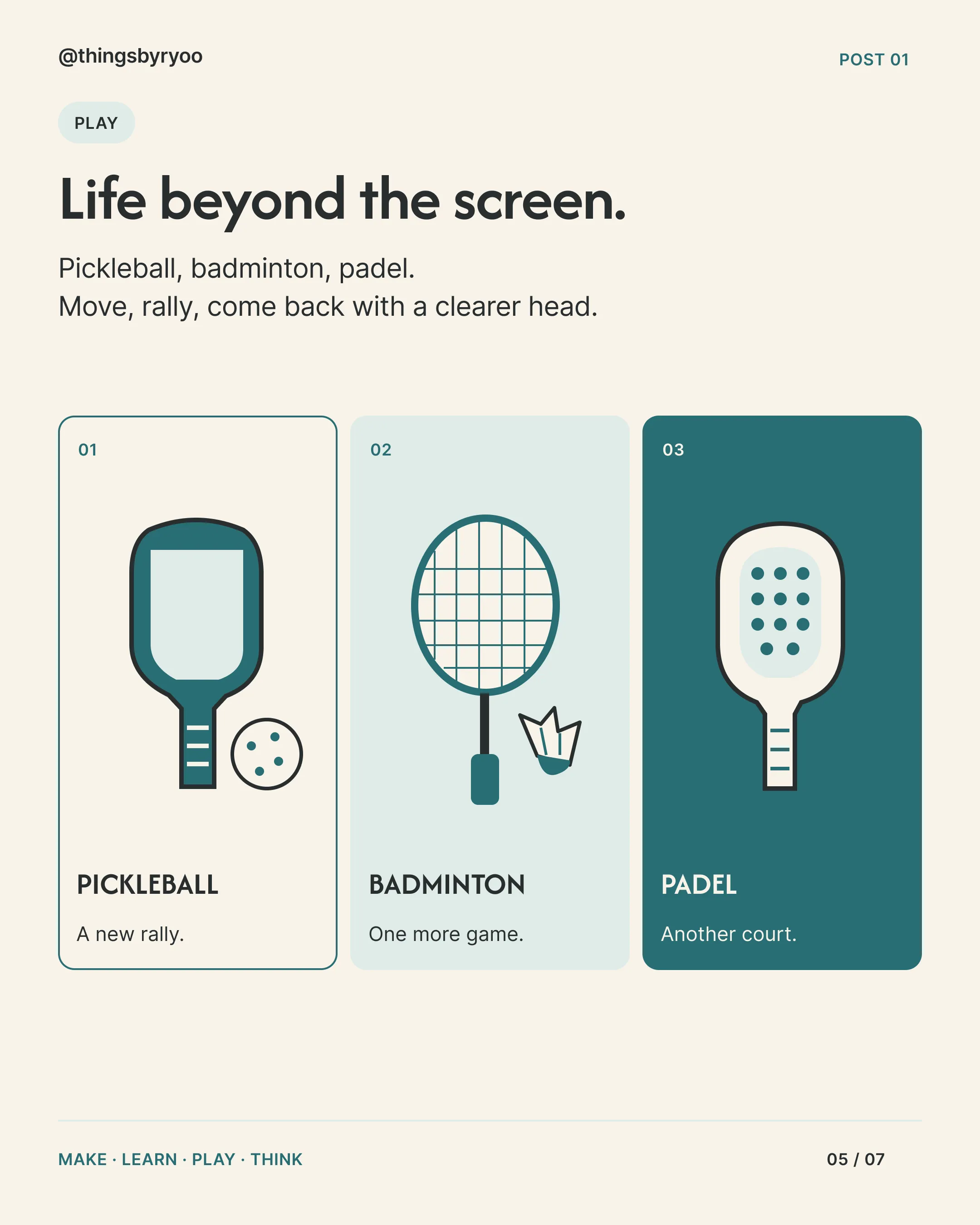 Slide 5, Play: “Life beyond the screen.” Pickleball, badminton and padel