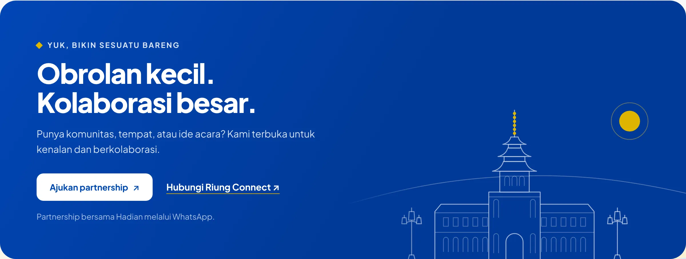 Collaboration banner in cobalt blue with Gedung Sate line art