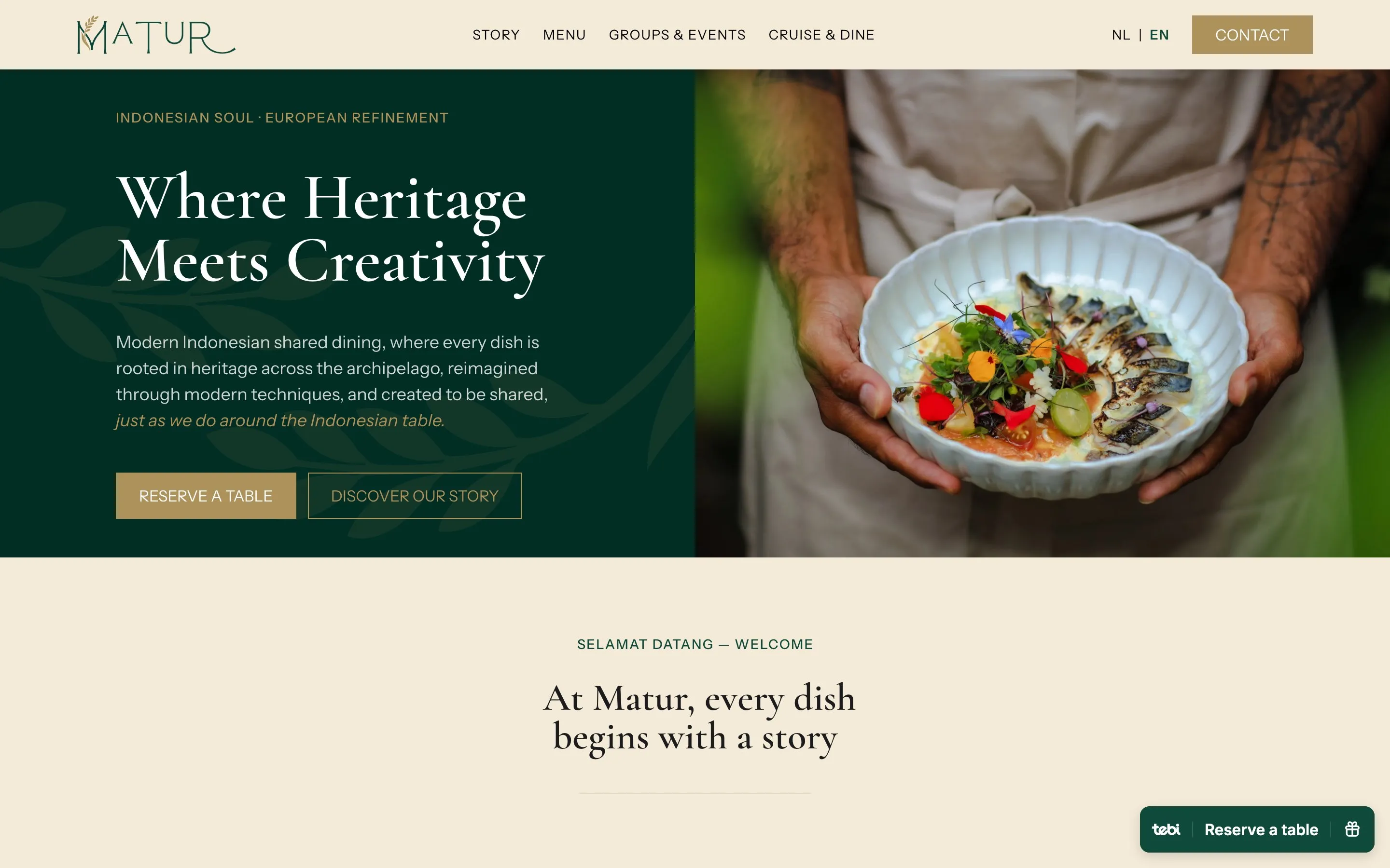 Matur homepage: “Where Heritage Meets Creativity” beside a plated Indonesian dish
