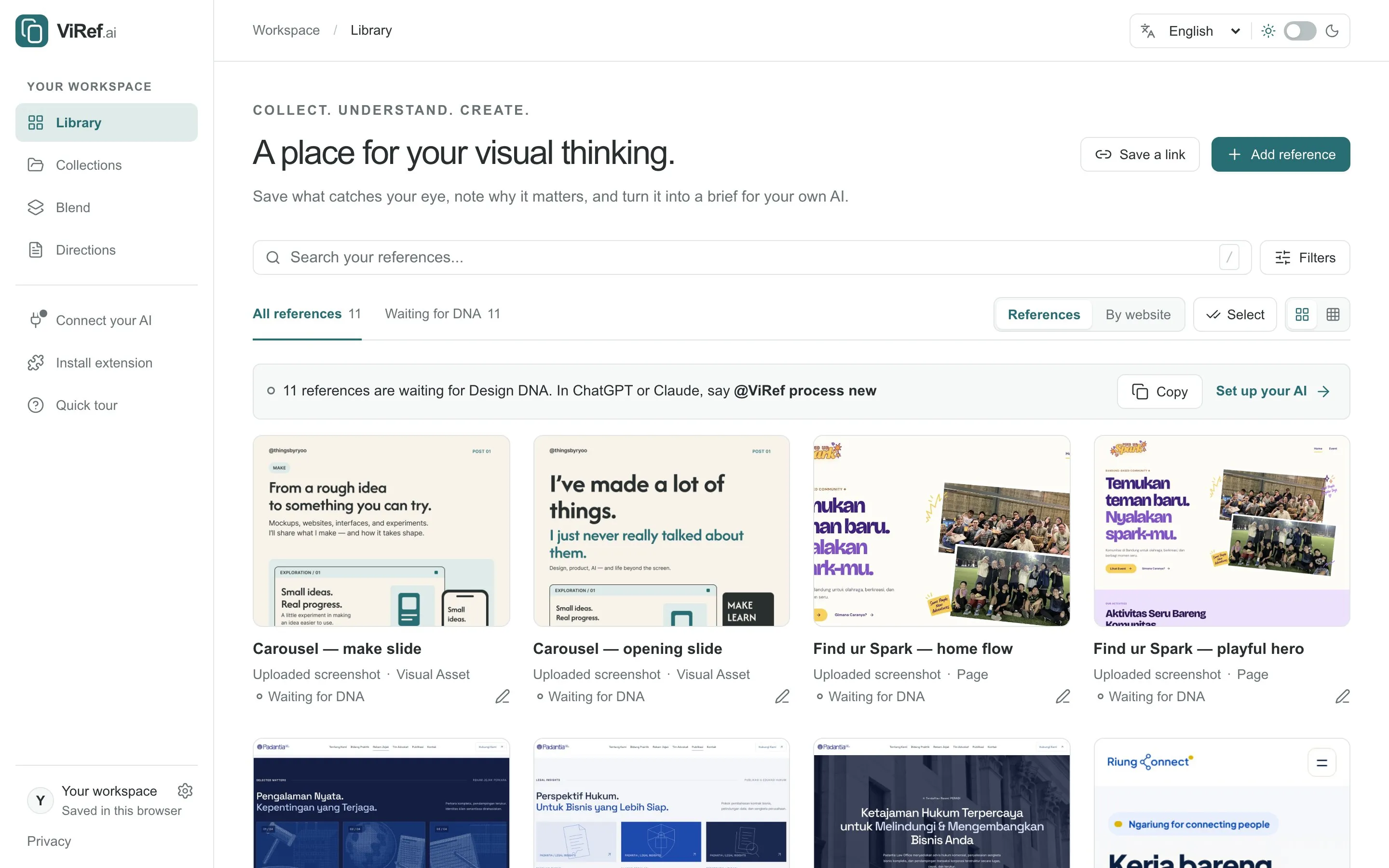 ViRef.ai library with sample references waiting for Design DNA