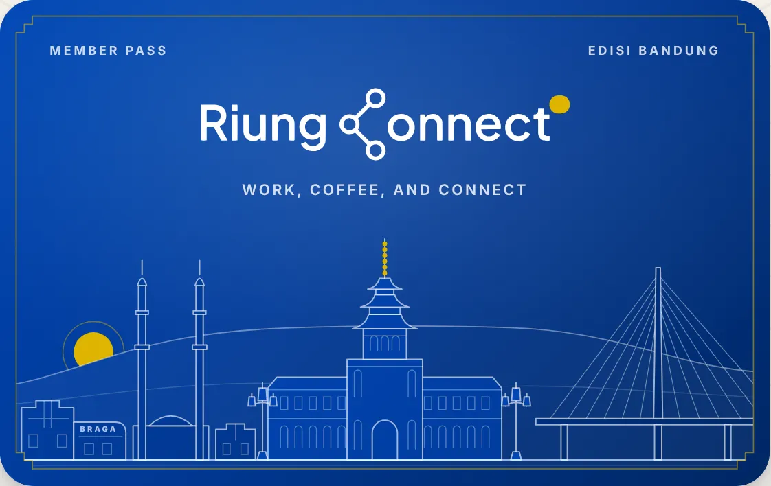 Riung Pass member card in cobalt blue with the Riung Connect logo and Gedung Sate line art
