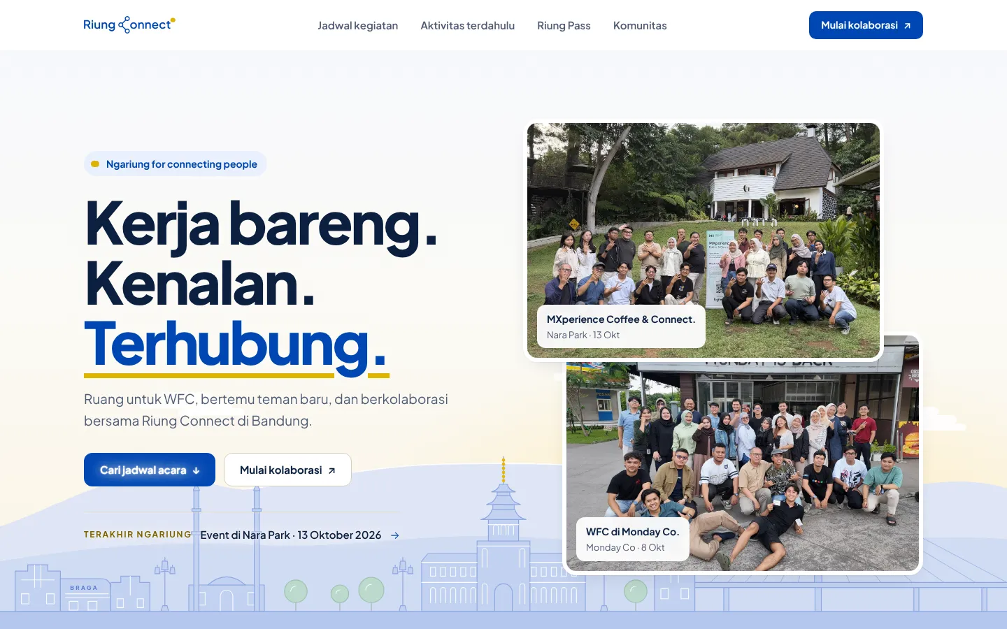 Riung Connect homepage hero: “Kerja bareng. Kenalan. Terhubung.” with photos from past meetups