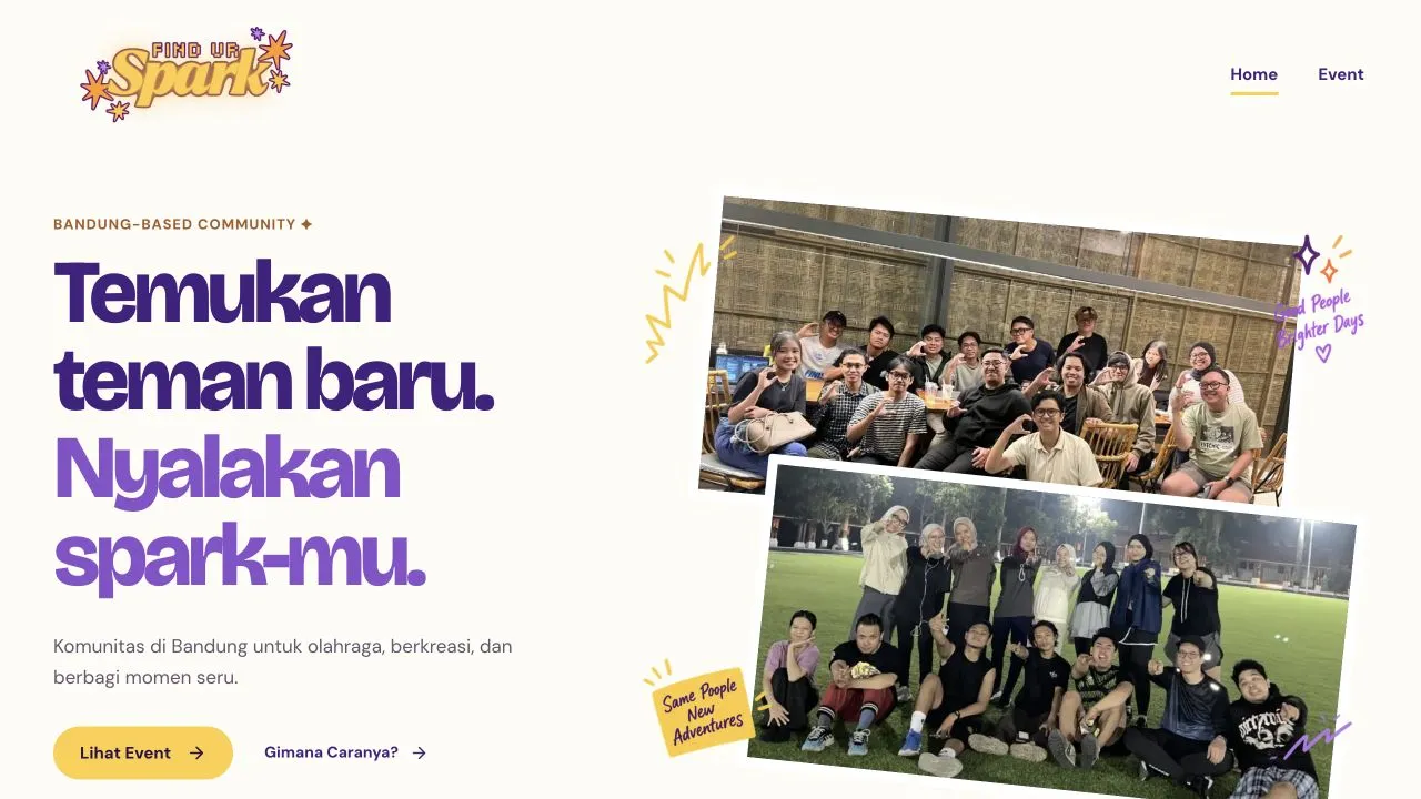Find ur Spark homepage concept: “Temukan teman baru. Nyalakan spark-mu.” with community photos