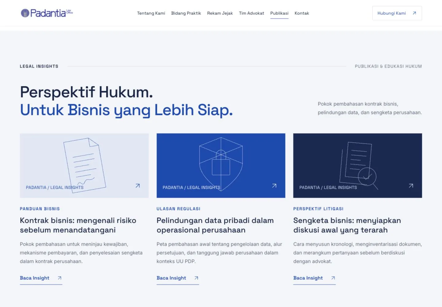 Legal insights section with three article cards