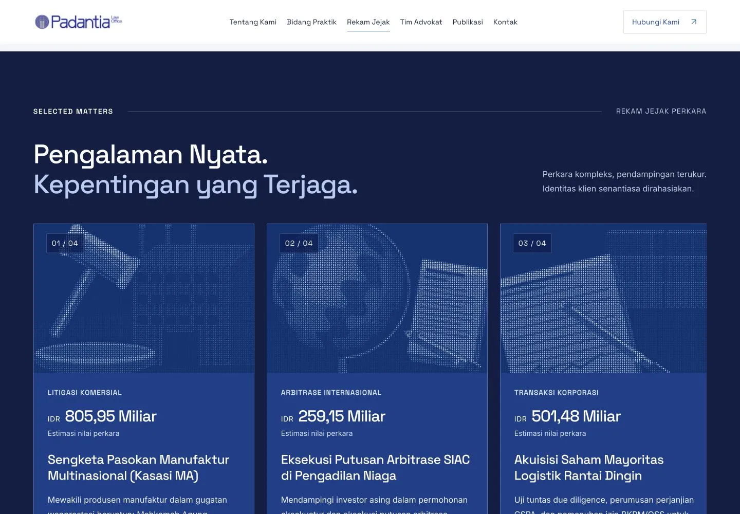 Selected matters section on navy with blueprint-style illustrations