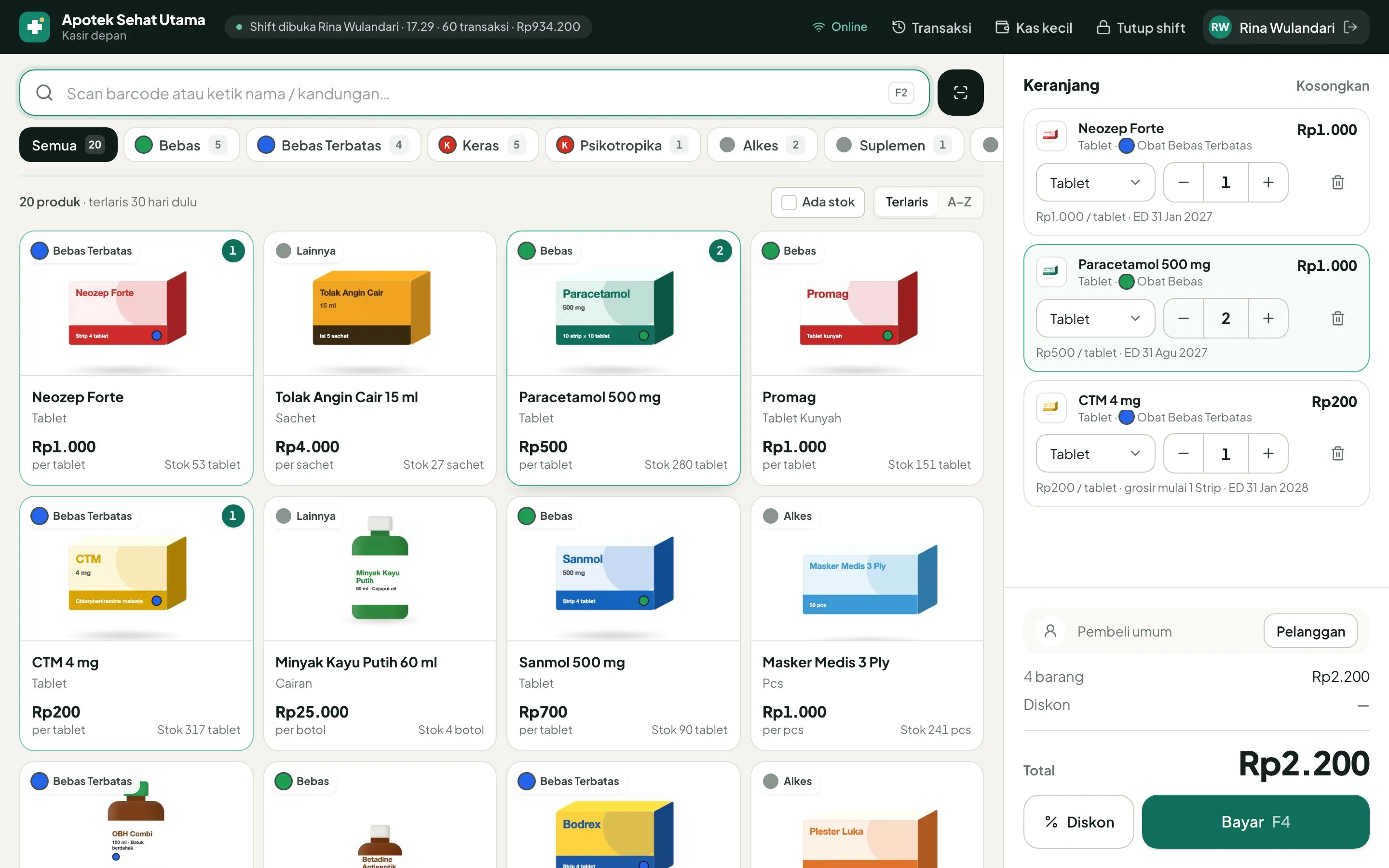 Cashier screen with a product grid and a cart, sample data