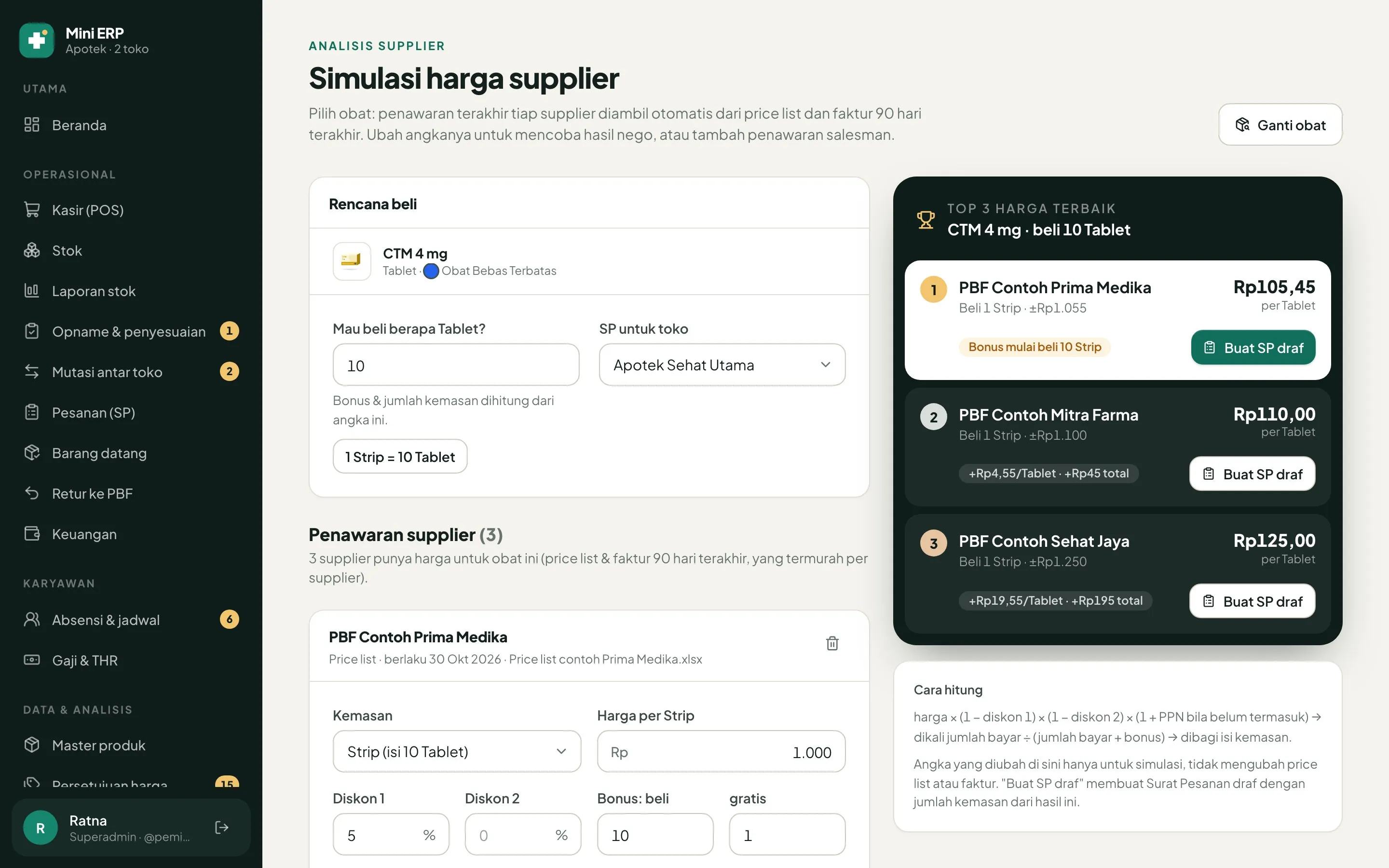 Supplier price comparison with the three best offers for one item, sample data