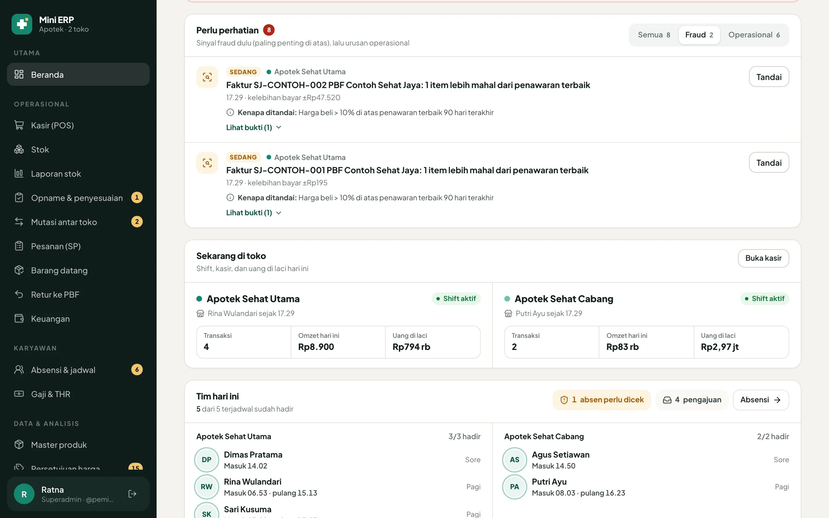 Owner home screen with alerts and rule-based signals, sample data