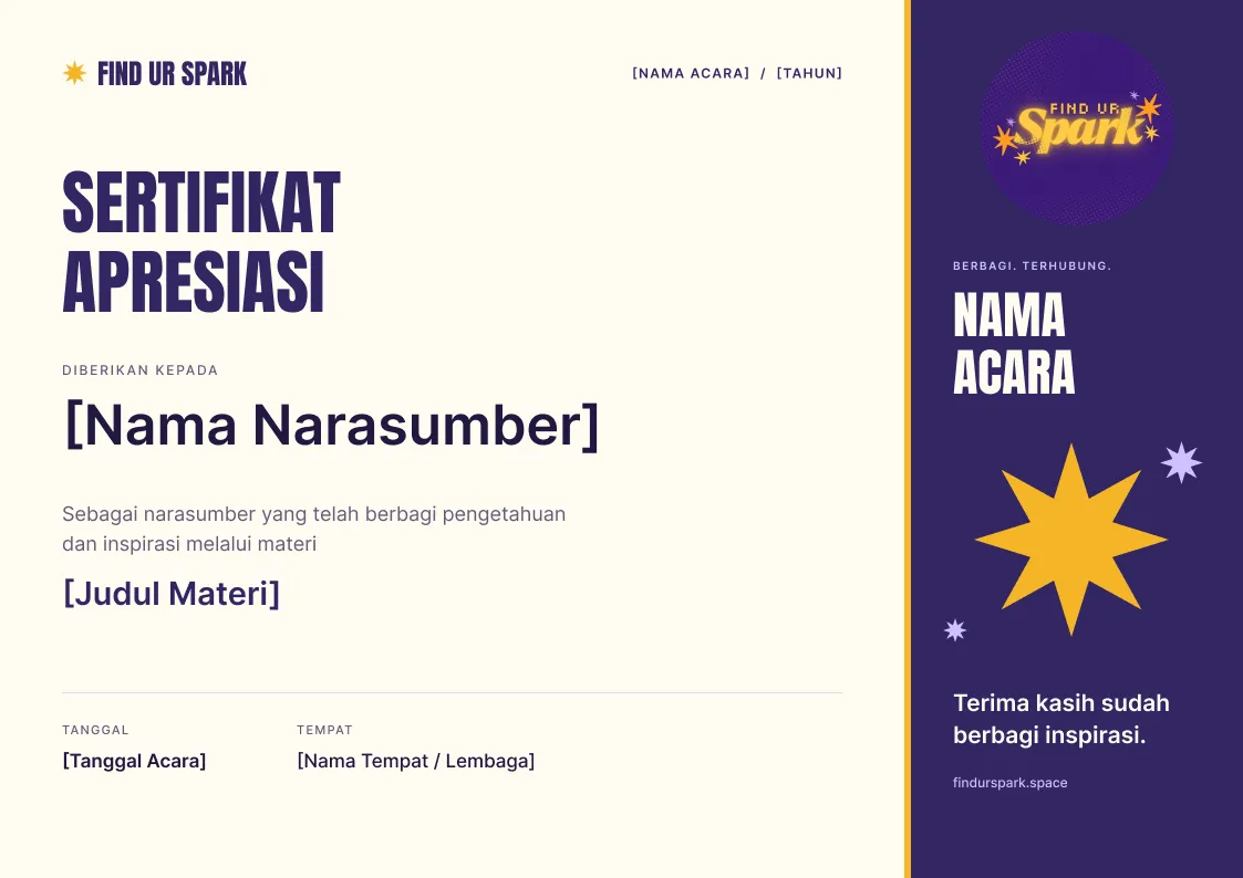 Find ur Spark appreciation certificate template with placeholders for the speaker, talk title, date and venue